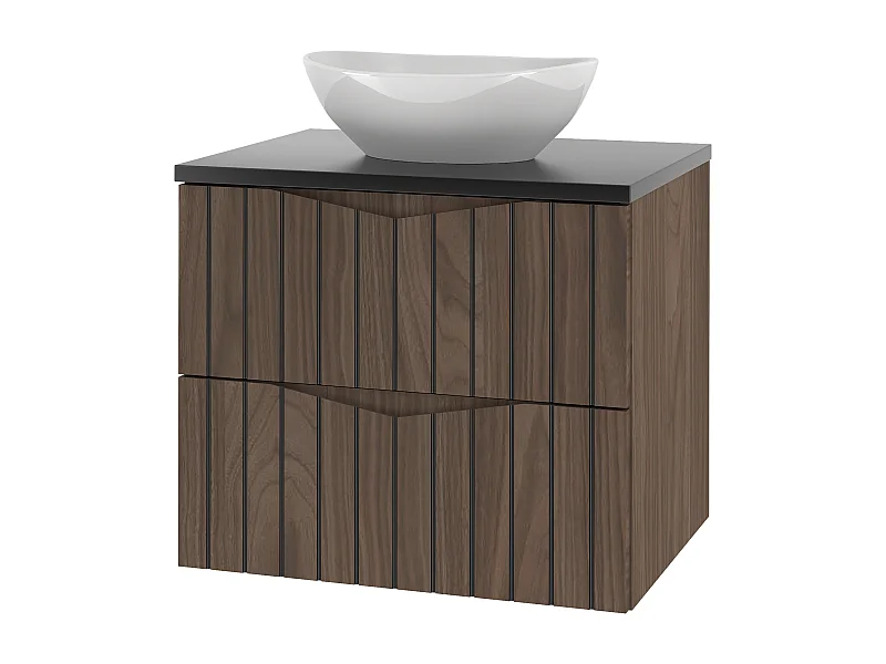 Badezimmer-Set 60 cm Schrank mit Waschtischplatte und Waschbecken Geriffelte Fronten Eiche Nussbaum Stella