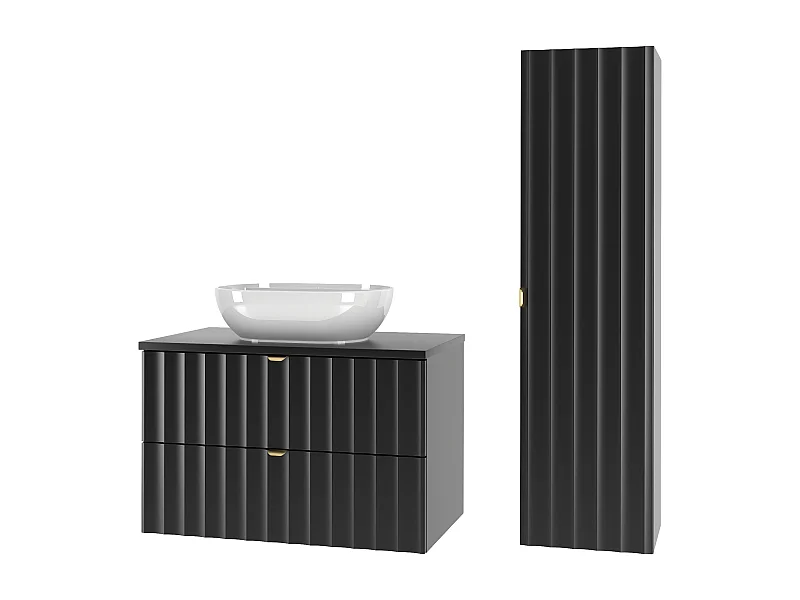 Ensemble de salle de bain noir 80 cm Meuble avec plan de travail Lavabo Colonne Façades rainurées Arcos