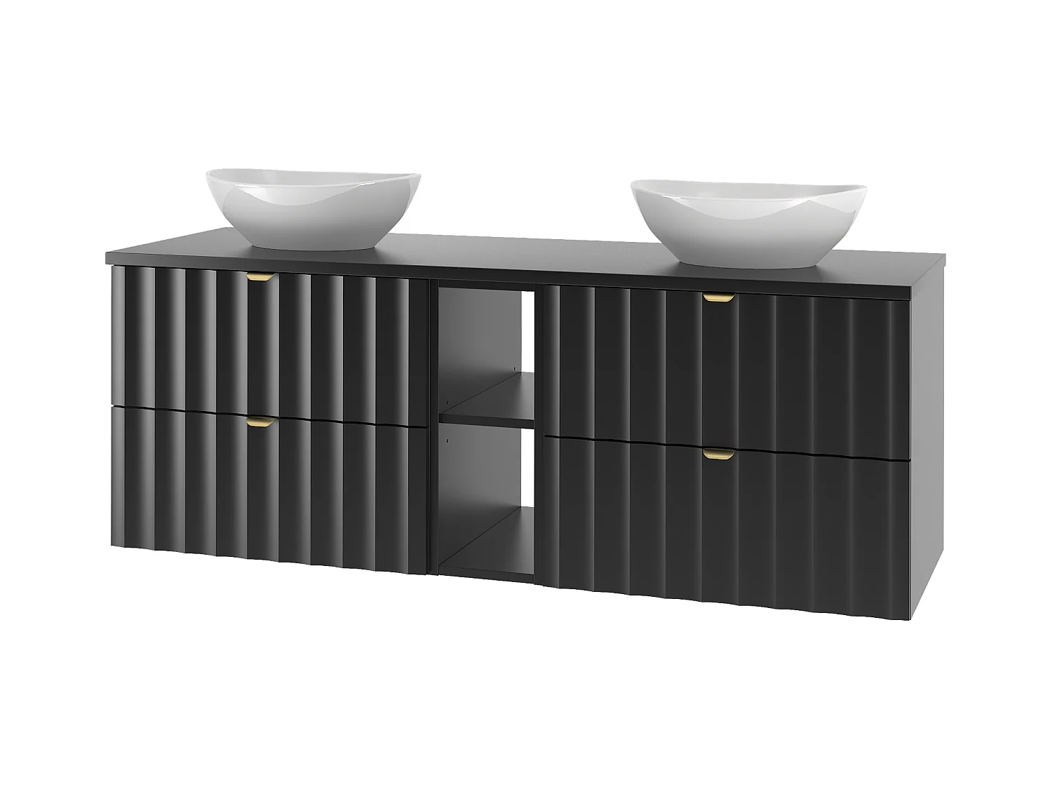 Ensemble de salle de bain noir 140 cm Armoire avec plateau Étagère Lavabo Façades rainurées Arcos