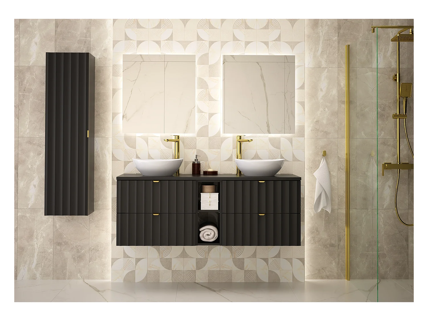 Ensemble de salle de bain noir 140 cm Armoire avec plateau Étagère Lavabo Façades rainurées Arcos