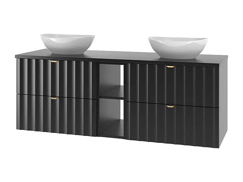 Ensemble de salle de bain noir 140 cm Armoire avec plateau Étagère Lavabo Façades rainurées Arcos