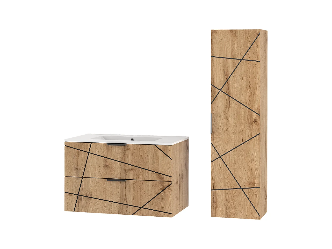Badkamerset 80 cm Kast met wastafel Kolom Eikenhout Wotan Wood