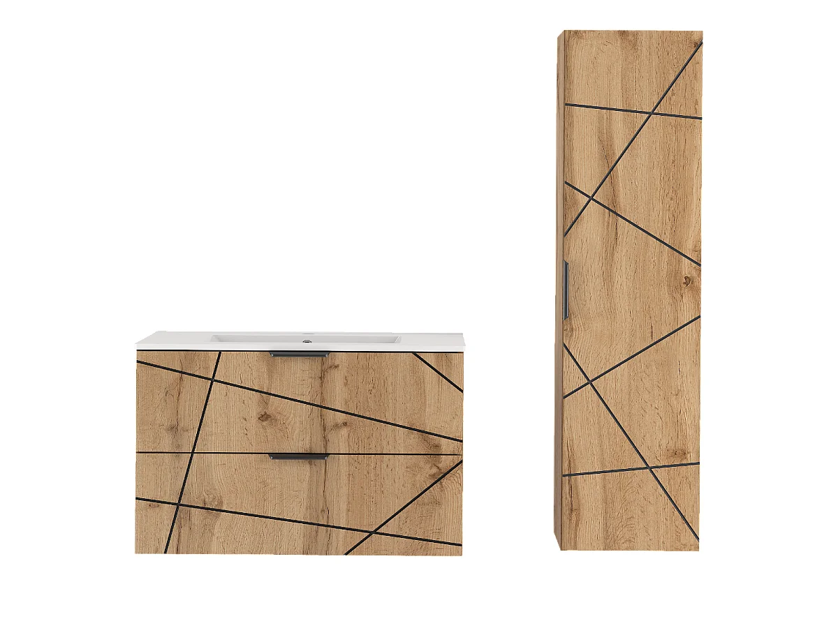 Ensemble de salle de bain 80 cm Meuble avec lavabo Colonne Chêne Wotan Wood