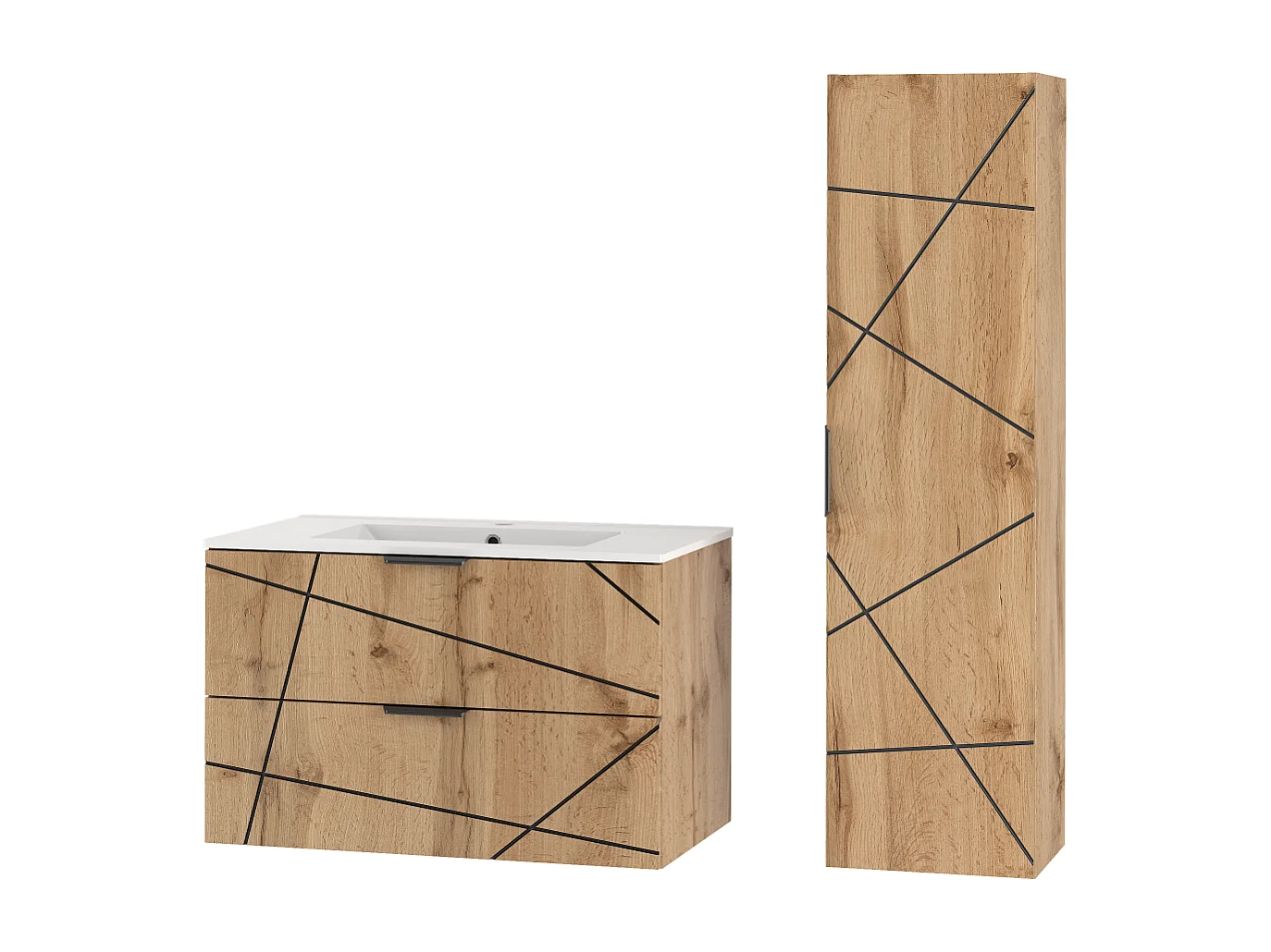 Ensemble de salle de bain 80 cm Meuble avec lavabo Colonne Chêne Wotan Wood