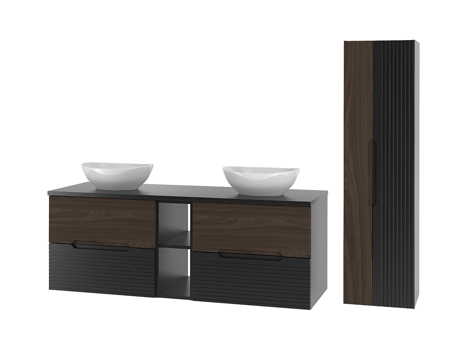 Ensemble de salle de bain 140 cm Armoire avec plateau Étagère Lavabo Colonne Noir mat / Noyer Avella