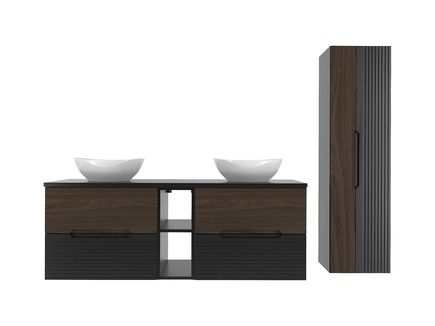 Ensemble de salle de bain 140 cm Armoire avec plateau Étagère Lavabo Colonne Noir mat / Noyer Avella