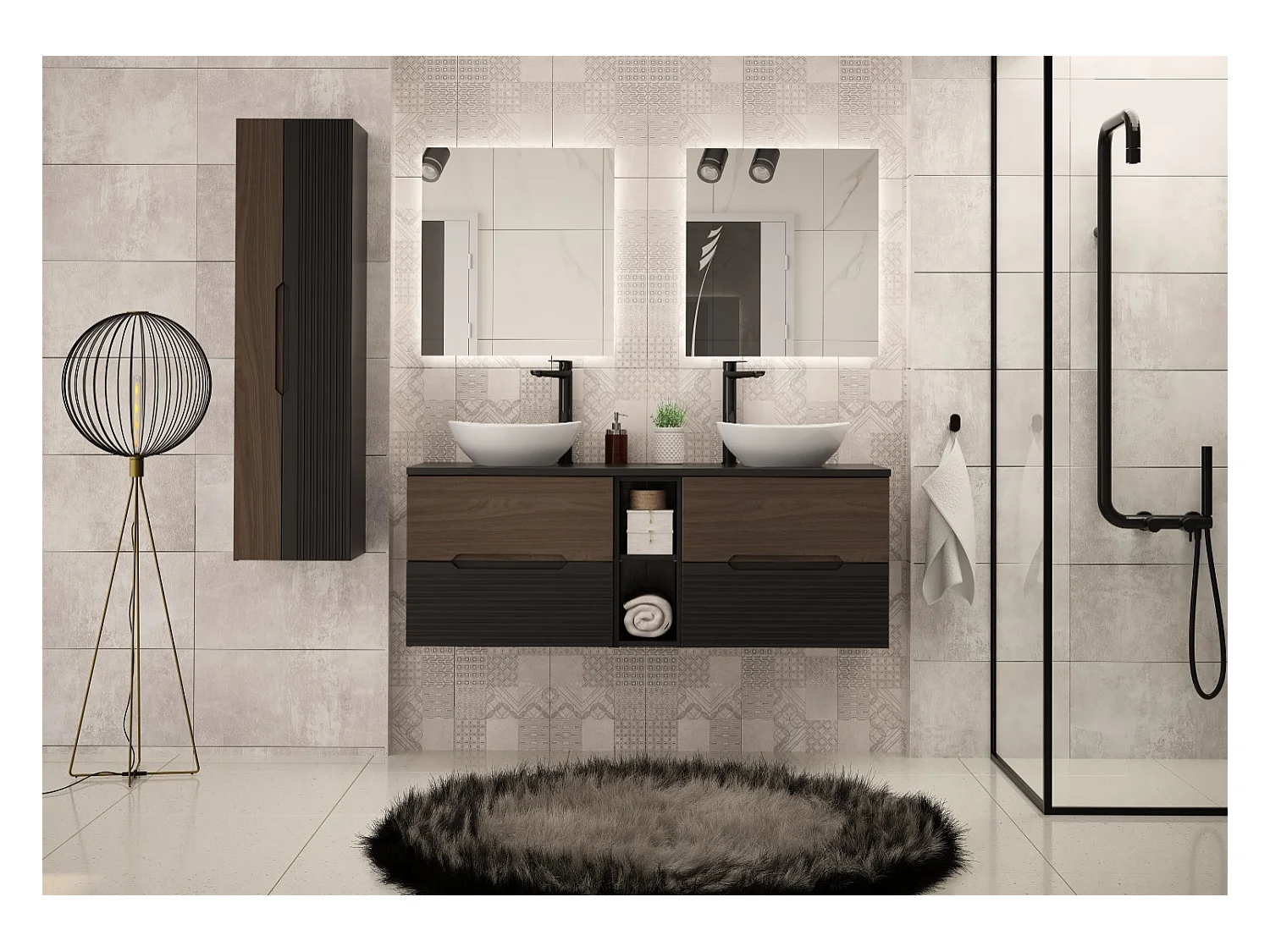 Ensemble de salle de bain 140 cm Armoire avec plateau Étagère Lavabo Colonne Noir mat / Noyer Avella