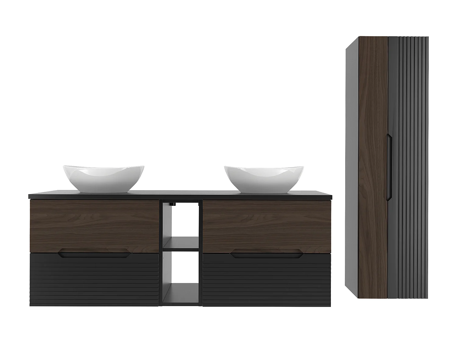 Zestaw Łazienkowy 140cm Szafka z Blatem Regał Umywalka Słupek Czarny Mat / Orzech Avella