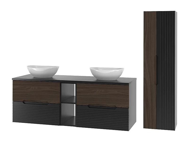 Badkamerset 140 cm Kast met blad Rek Wasbak Kolom Zwart mat / Notenhout Avella