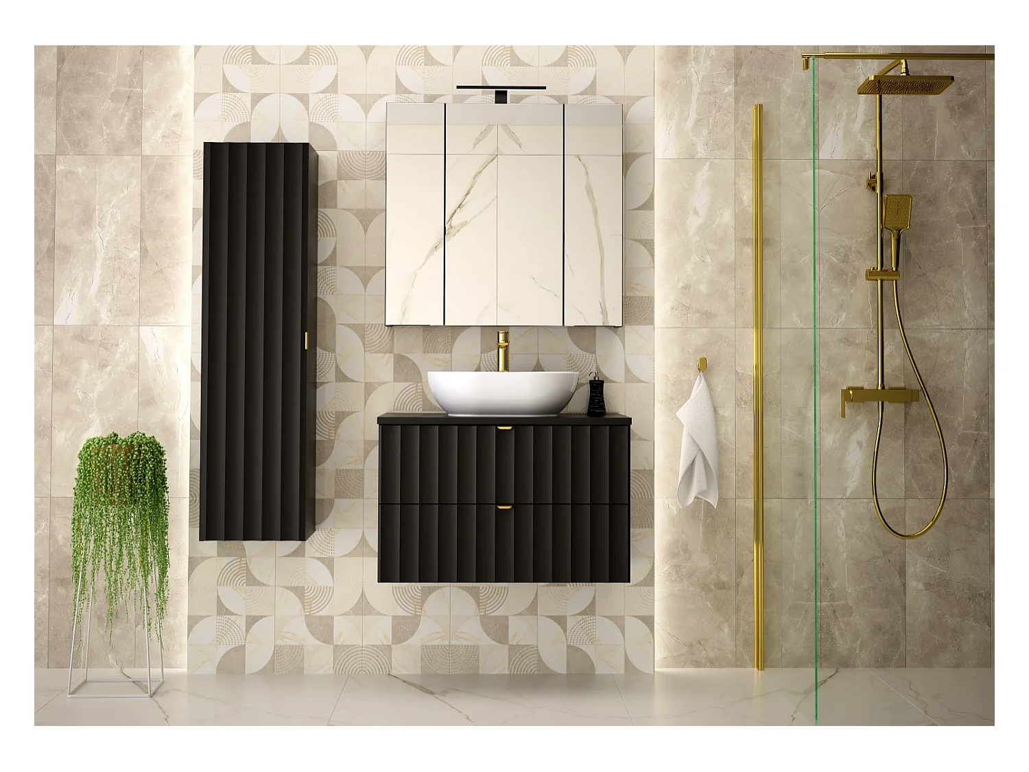 Ensemble de salle de bain noir 80 cm Meuble avec plan de travail Lavabo Façades rainurées Arcos