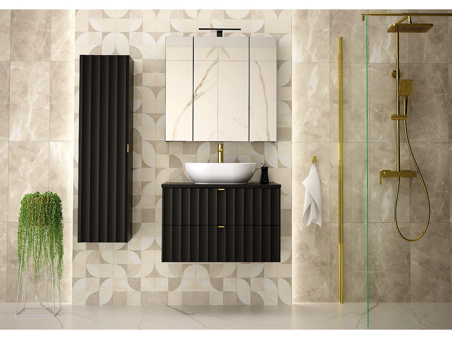 Ensemble de salle de bain noir 80 cm Meuble avec plan de travail Lavabo Façades rainurées Arcos