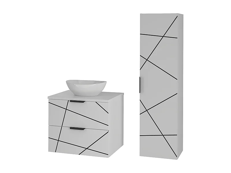 Badezimmer-Set 60 cm Schrank mit Waschtisch und Waschbecken und Hochschrank Weiß Matt Wood