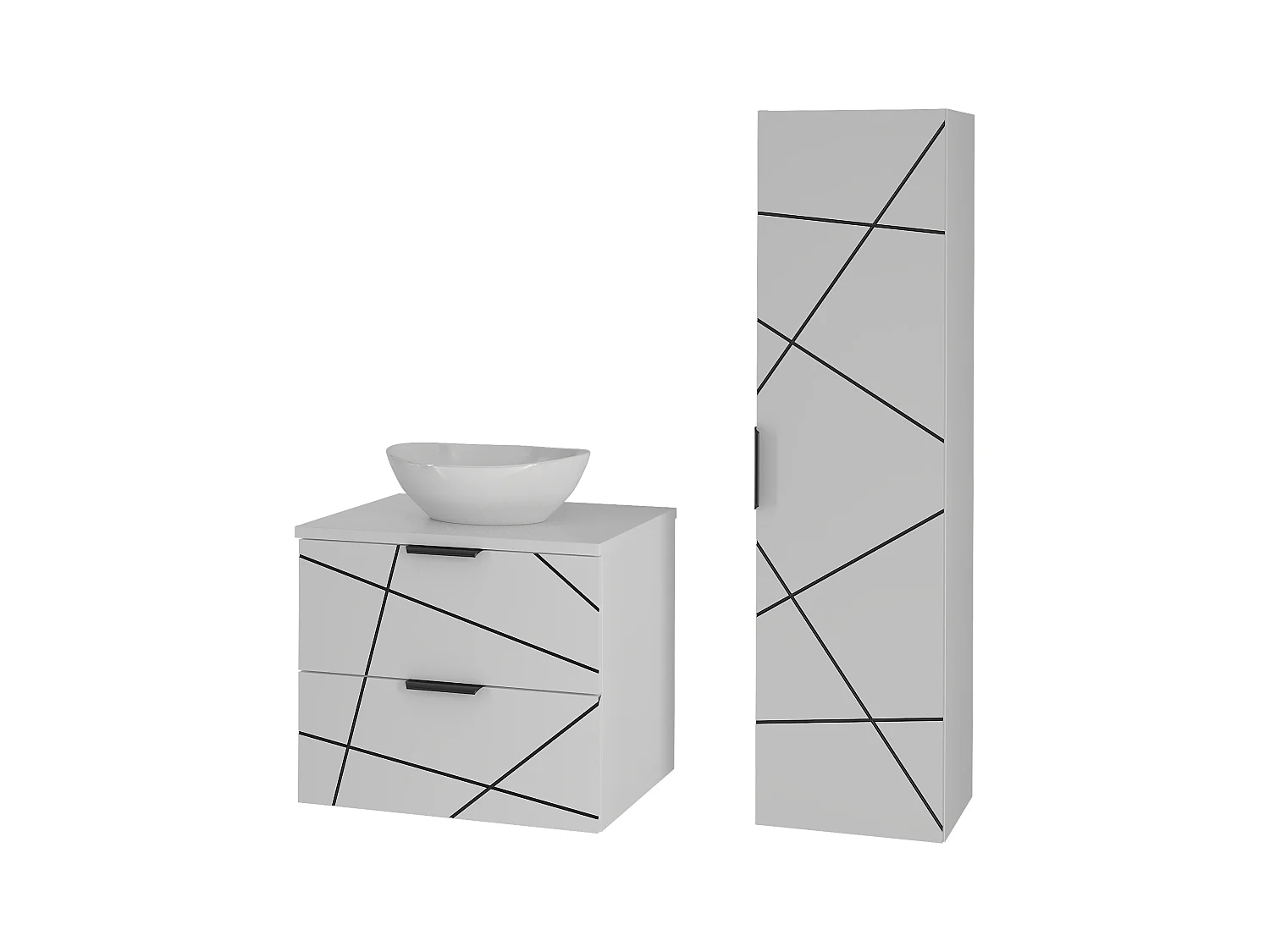Badezimmer-Set 60 cm Schrank mit Waschtisch und Waschbecken und Hochschrank Weiß Matt Wood