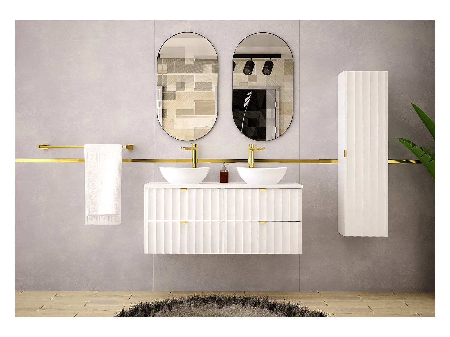 Armoire de salle de bain blanche Colonne haute Façades rainurées Arcos