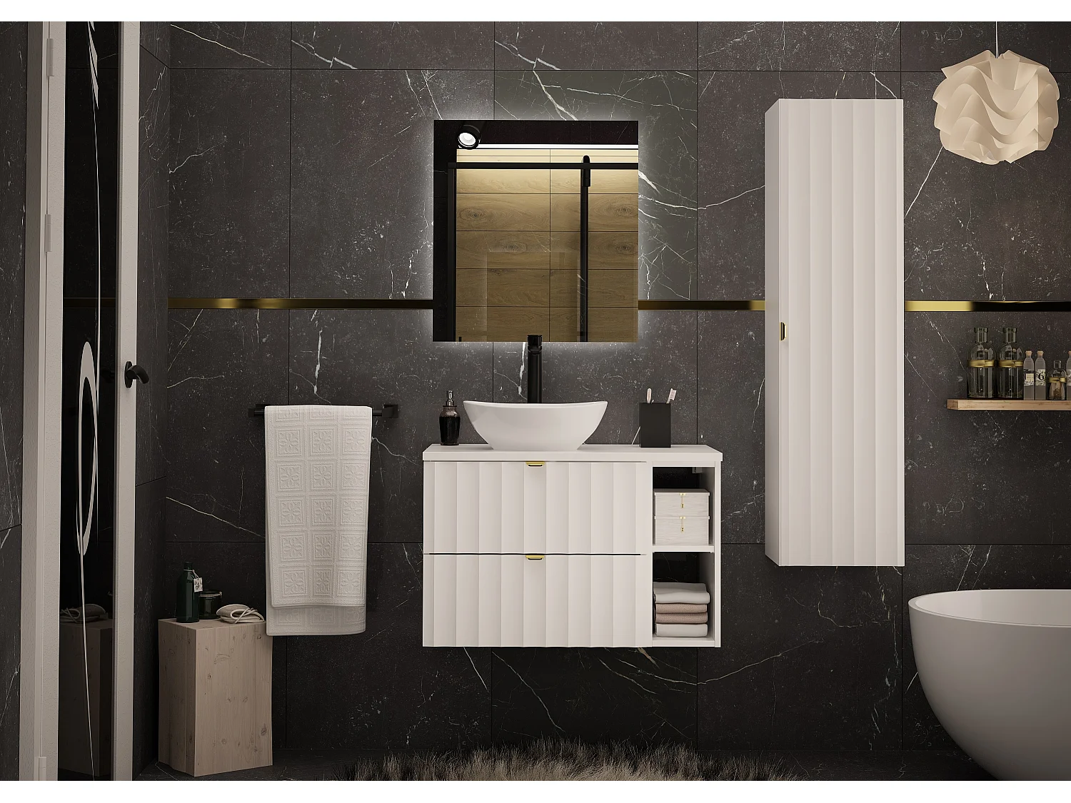 Armoire de salle de bain blanche Colonne haute Façades rainurées Arcos