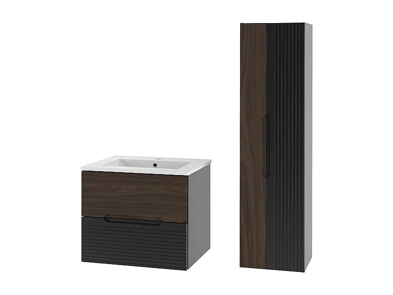 Badezimmer-Set 60 cm Schrank mit Waschbecken und Hochschrank Schwarz Matt / Nussbaum Avella