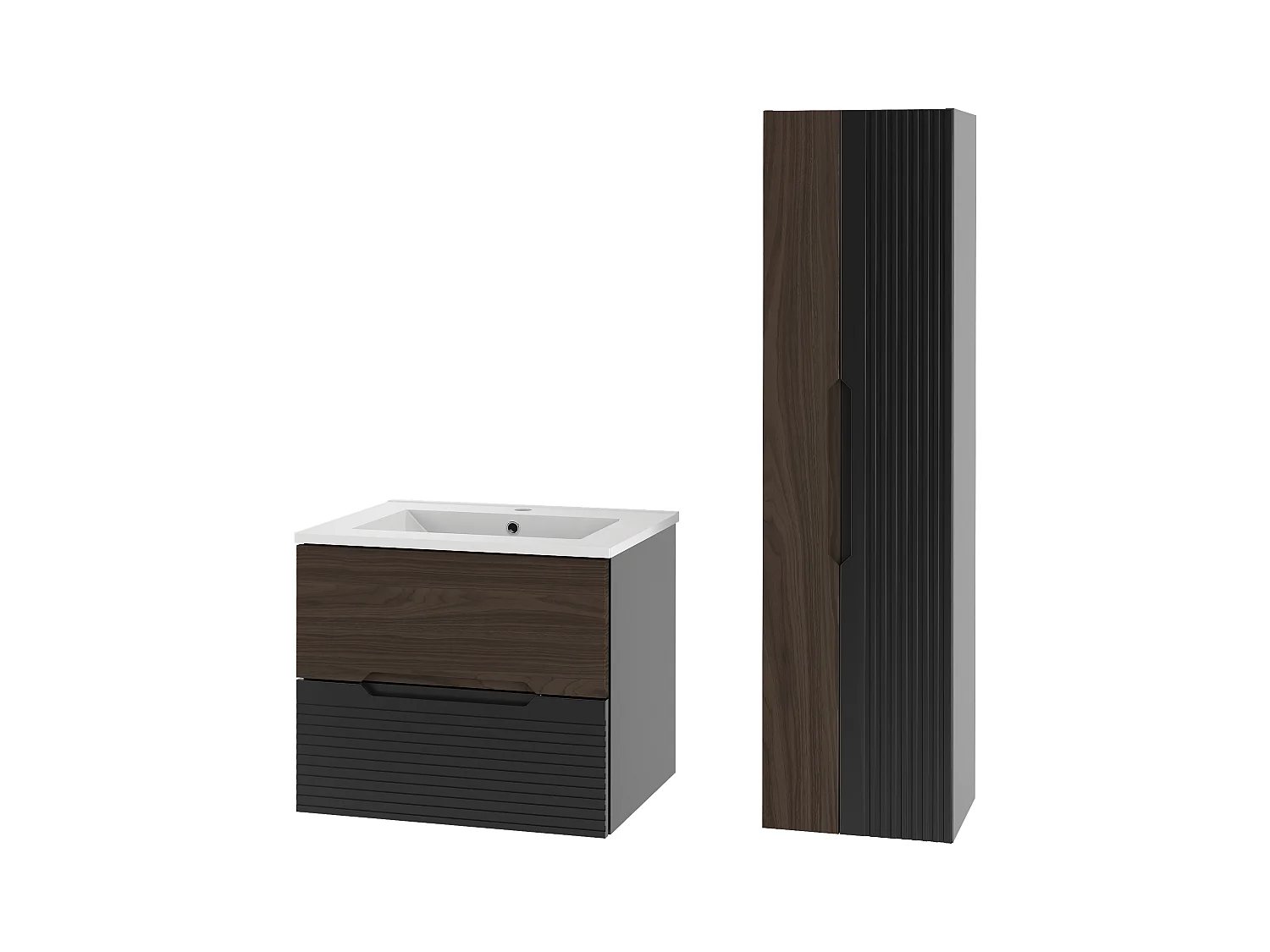 Ensemble de salle de bain 60 cm Meuble avec lavabo Colonne Noir mat / Noyer Avella