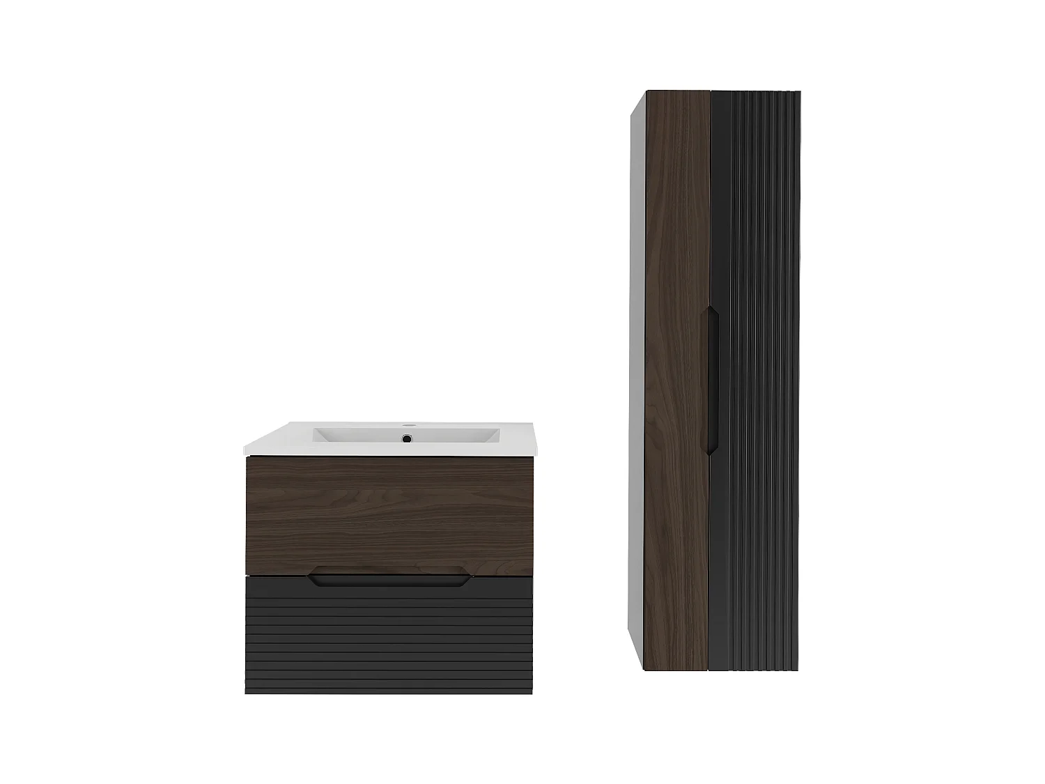 Ensemble de salle de bain 60 cm Meuble avec lavabo Colonne Noir mat / Noyer Avella