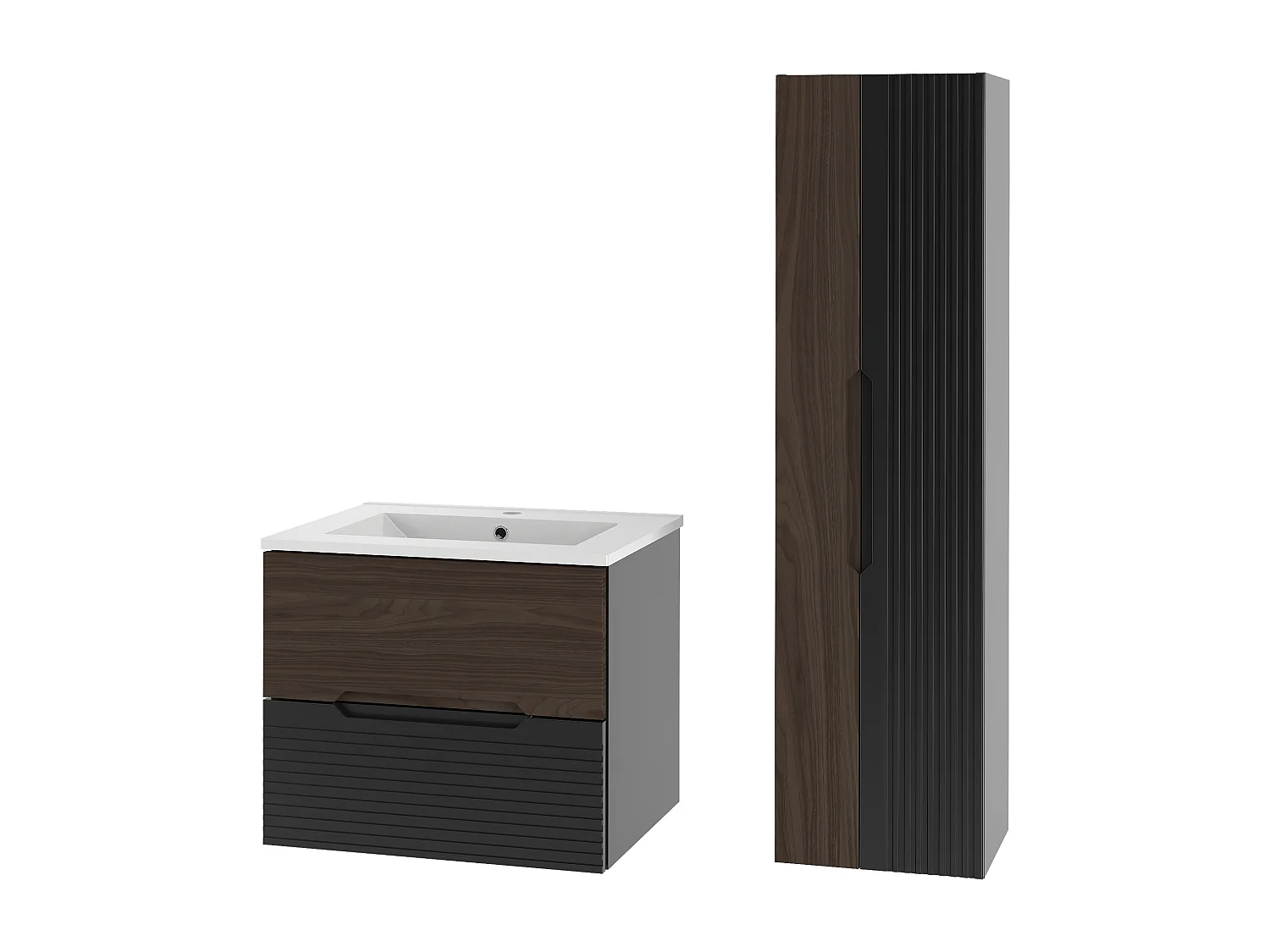 Ensemble de salle de bain 60 cm Meuble avec lavabo Colonne Noir mat / Noyer Avella