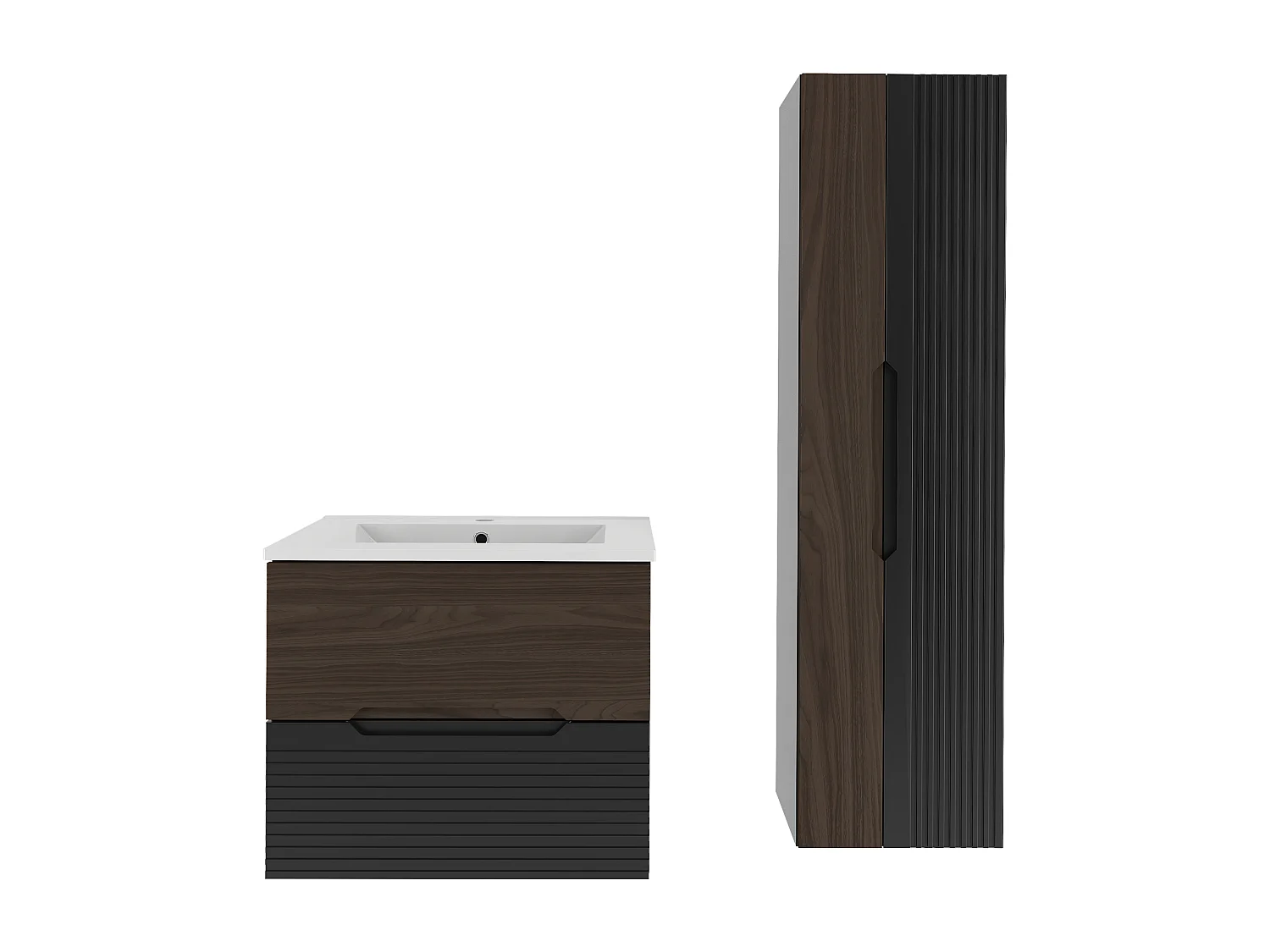 Ensemble de salle de bain 60 cm Meuble avec lavabo Colonne Noir mat / Noyer Avella