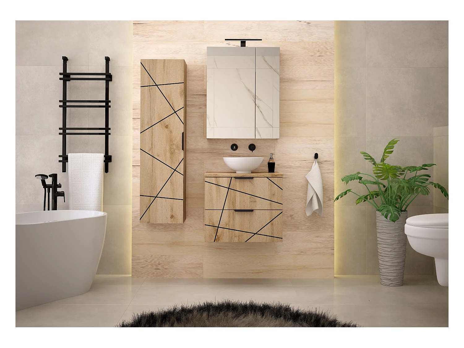 Ensemble de salle de bain 60 cm Meuble avec plan de travail Lavabo Chêne Wotan Wood