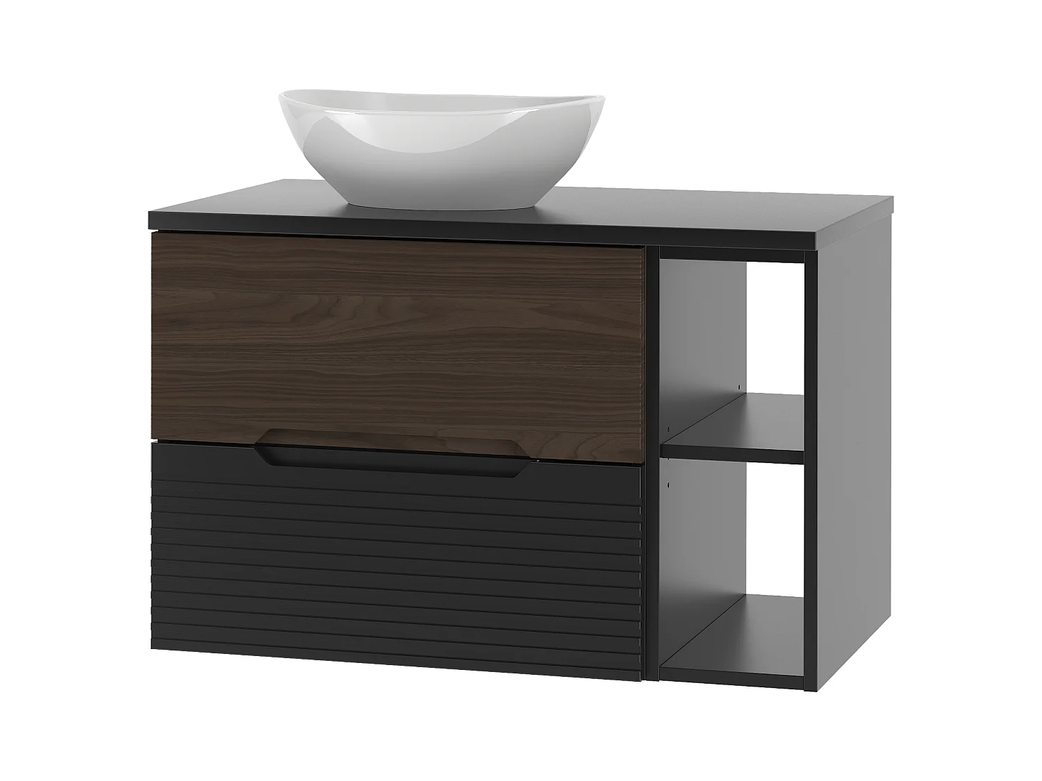 Ensemble de salle de bain 80 cm Armoire avec plateau Étagère Lavabo Noir mat / Noyer Avella