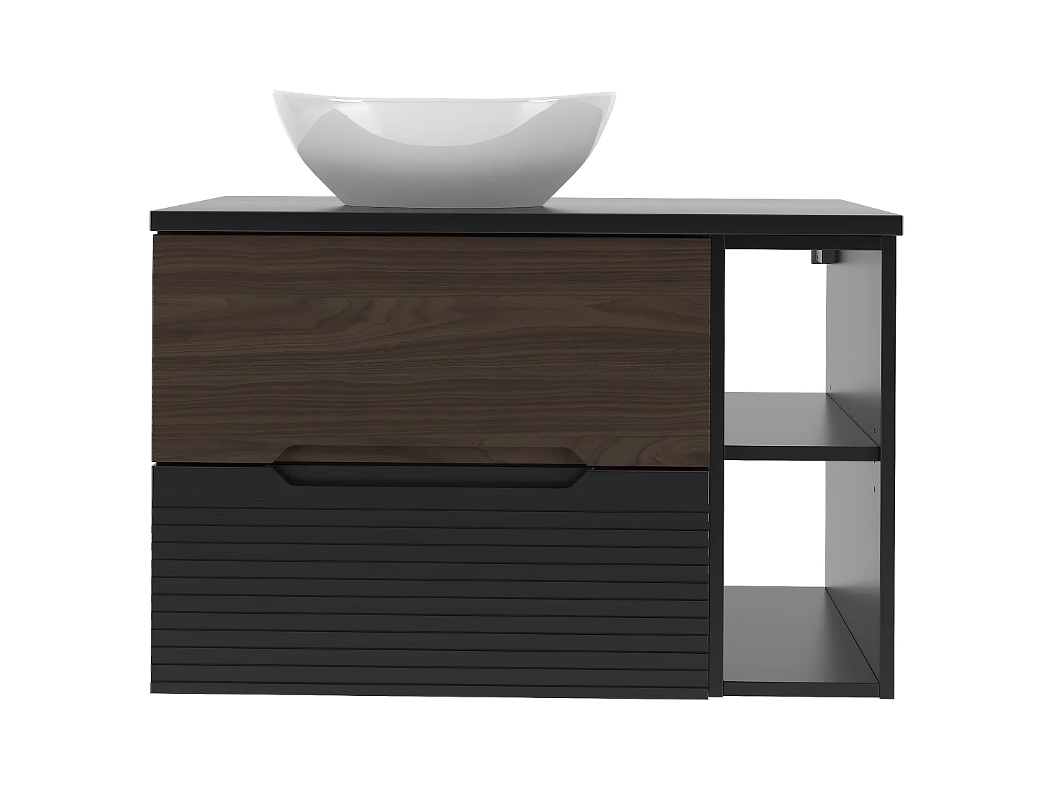 Ensemble de salle de bain 80 cm Armoire avec plateau Étagère Lavabo Noir mat / Noyer Avella