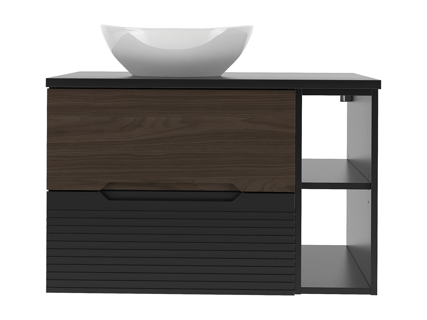 Ensemble de salle de bain 80 cm Armoire avec plateau Étagère Lavabo Noir mat / Noyer Avella