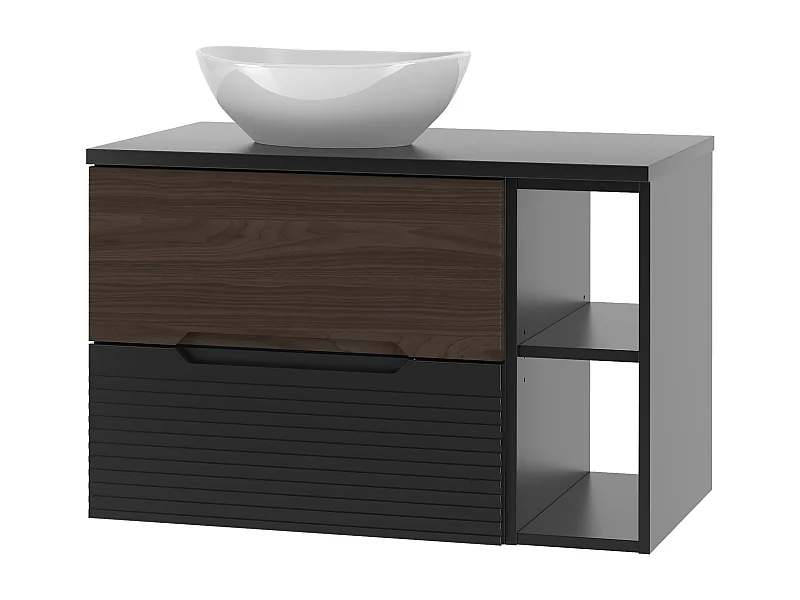 Ensemble de salle de bain 80 cm Armoire avec plateau Étagère Lavabo Noir mat / Noyer Avella