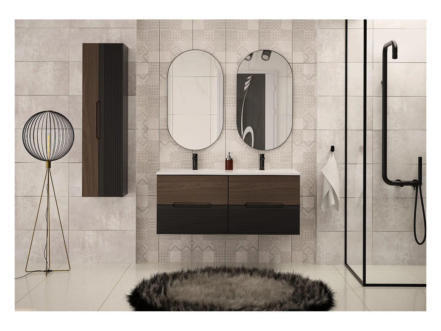 Armoire de salle de bain colonne haute noir mat / Noyer Avella