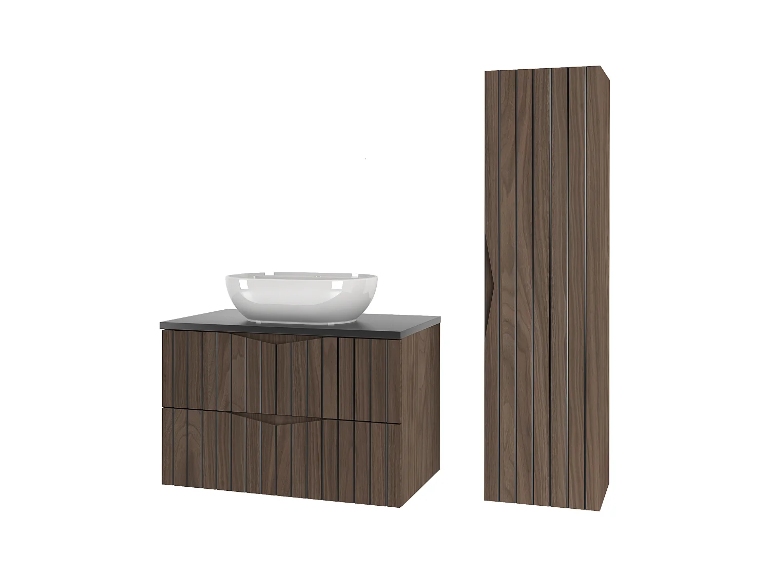 Ensemble de salle de bain 80 cm Armoire avec plan de travail Lavabo Colonne Façades rainurées Chêne Noyer Stella