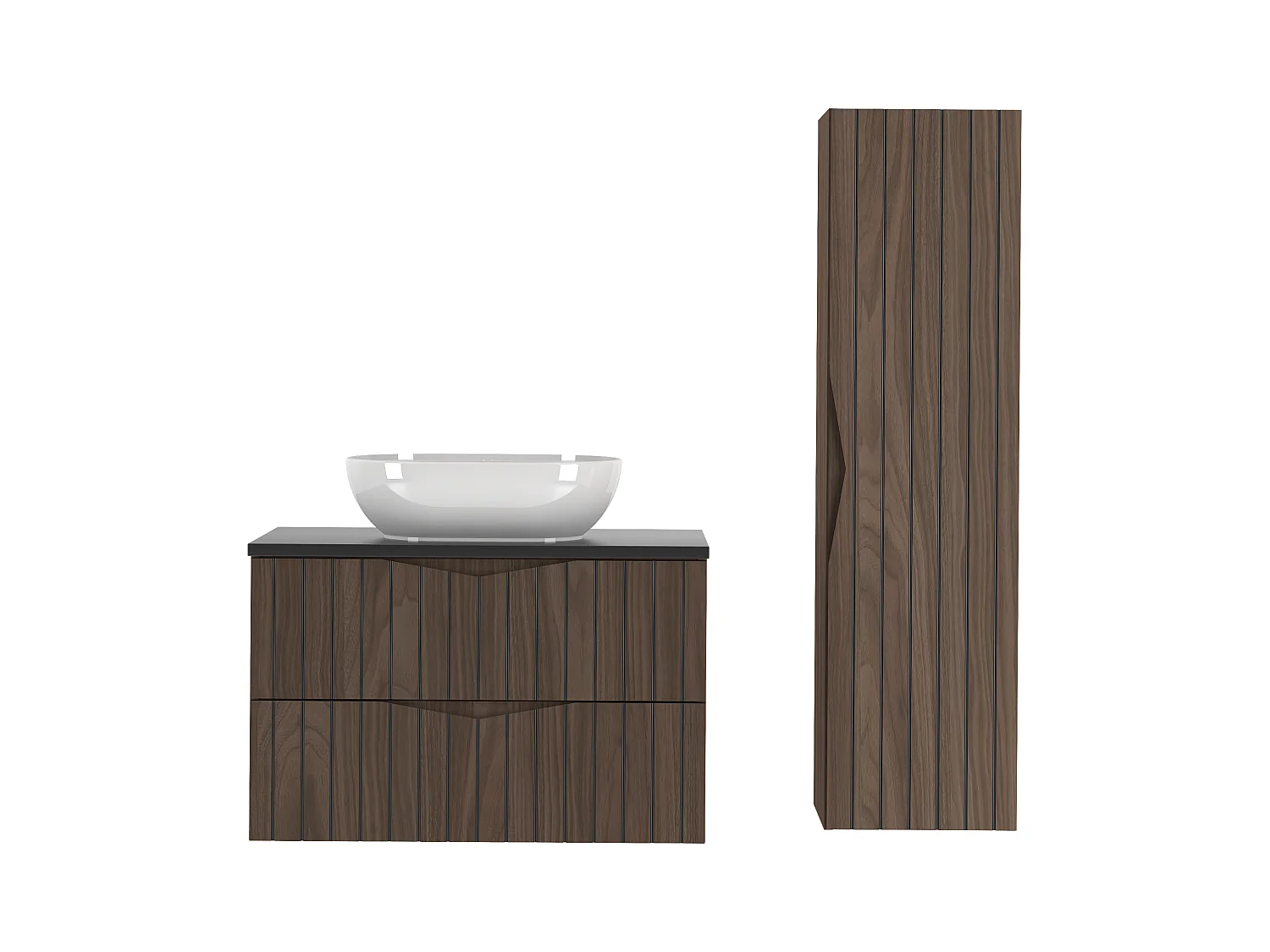 Ensemble de salle de bain 80 cm Armoire avec plan de travail Lavabo Colonne Façades rainurées Chêne Noyer Stella