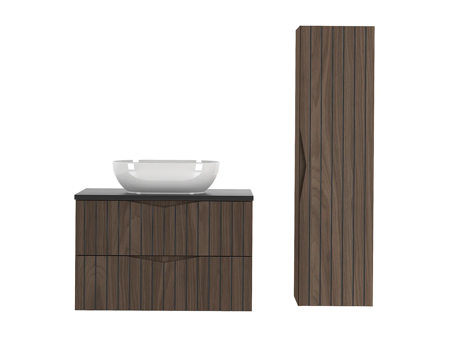 Ensemble de salle de bain 80 cm Armoire avec plan de travail Lavabo Colonne Façades rainurées Chêne Noyer Stella