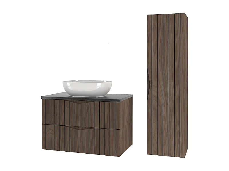 Badkamerset 80 cm Kast met blad Wastafel Kolom Geribbelde fronten Eiken Noten Stella