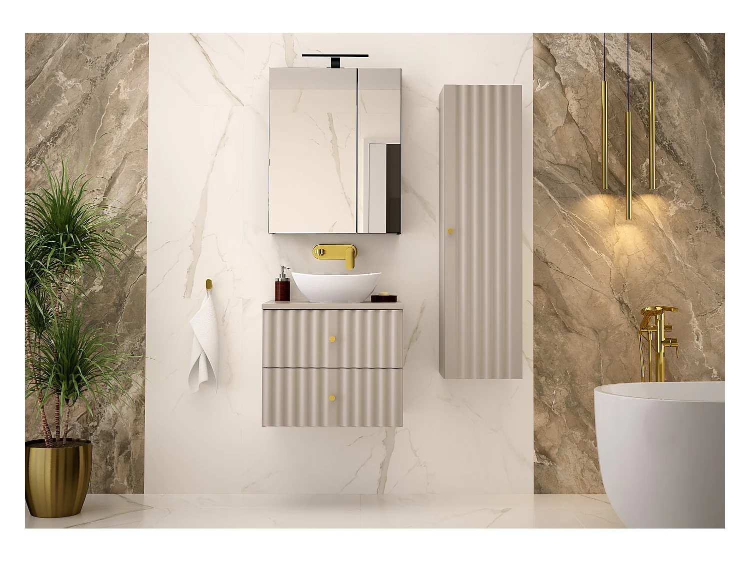 Ensemble de salle de bain en cachemire 60 cm Armoire avec plan de travail et lavabo Façades rainurées Aqua