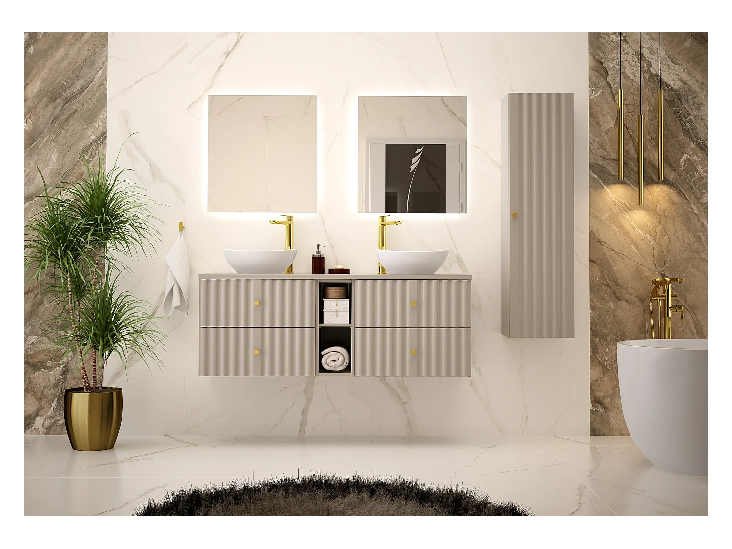 Ensemble de salle de bain en cachemire 60 cm Armoire avec plan de travail et lavabo Façades rainurées Aqua