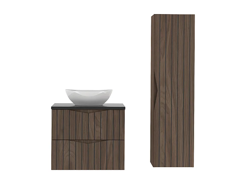 Badezimmer-Set 60 cm Schrank mit Waschtischplatte und Waschbecken und Hochschrank Geriffelte Fronten Eiche Nussbaum Stella