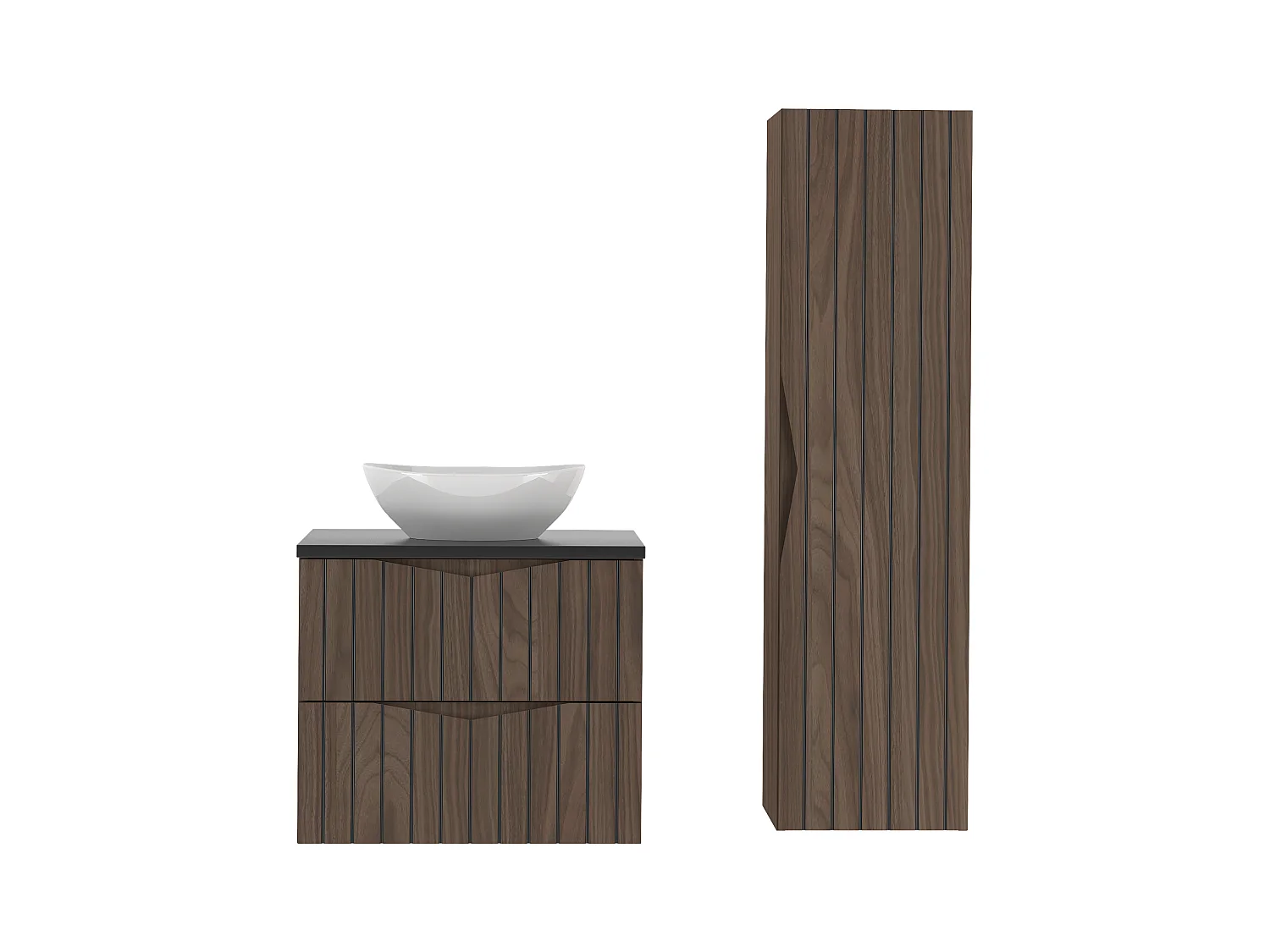 Ensemble de salle de bain 60 cm Armoire avec plan de travail Lavabo Colonne Façades rainurées Chêne Noyer Stella