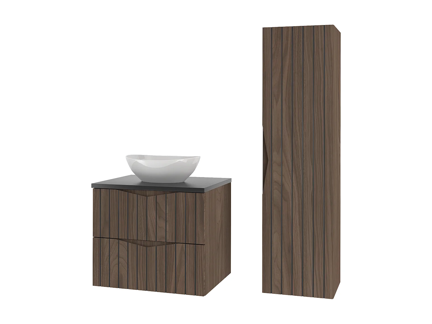 Ensemble de salle de bain 60 cm Armoire avec plan de travail Lavabo Colonne Façades rainurées Chêne Noyer Stella