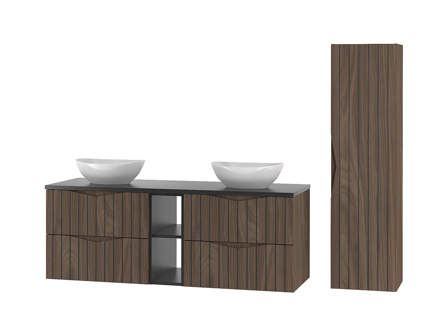 Ensemble de salle de bain 140 cm Armoire avec plateau Étagère Lavabo Colonne Façades rainurées Chêne Noyer Stella