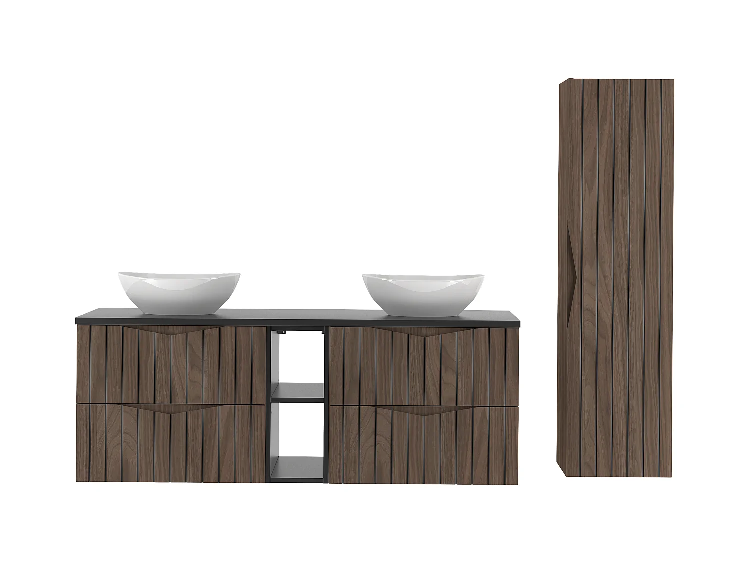 Ensemble de salle de bain 140 cm Armoire avec plateau Étagère Lavabo Colonne Façades rainurées Chêne Noyer Stella