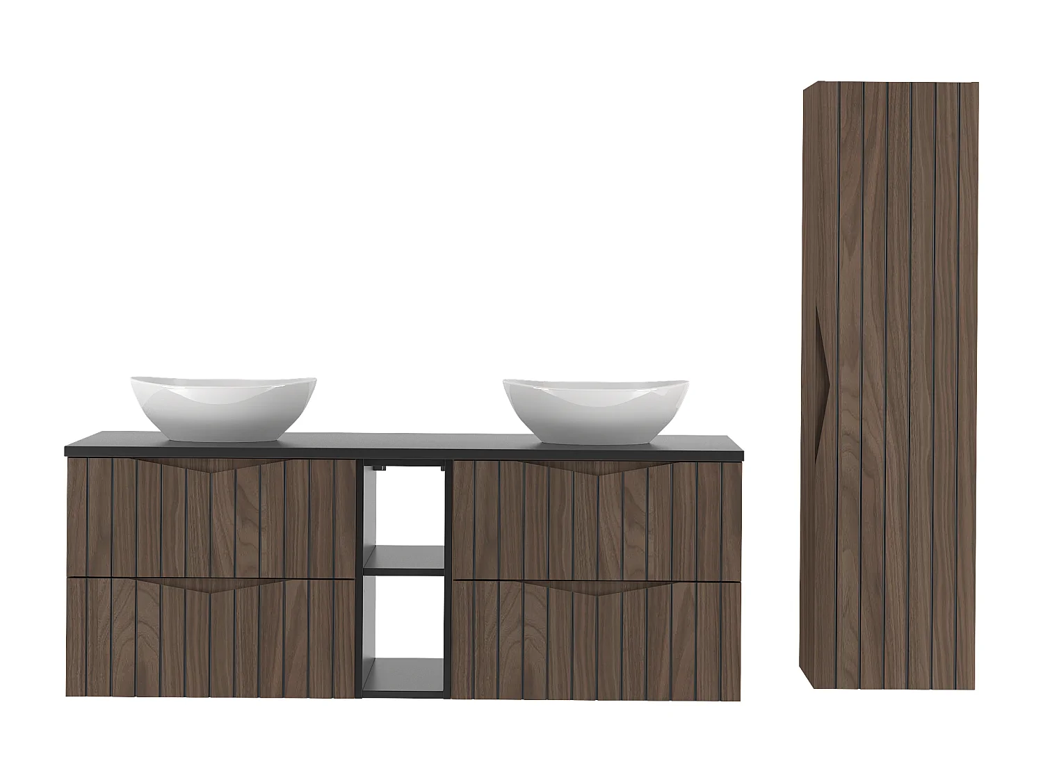 Ensemble de salle de bain 140 cm Armoire avec plateau Étagère Lavabo Colonne Façades rainurées Chêne Noyer Stella