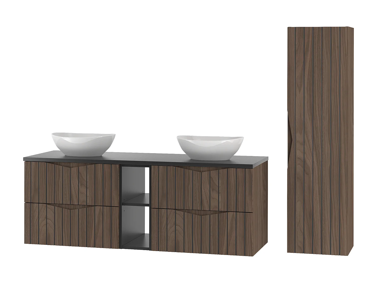 Zestaw Łazienkowy 140cm Szafka z Blatem Regał Umywalka Słupek Ryflowane Fronty Dąb Orzech Stella