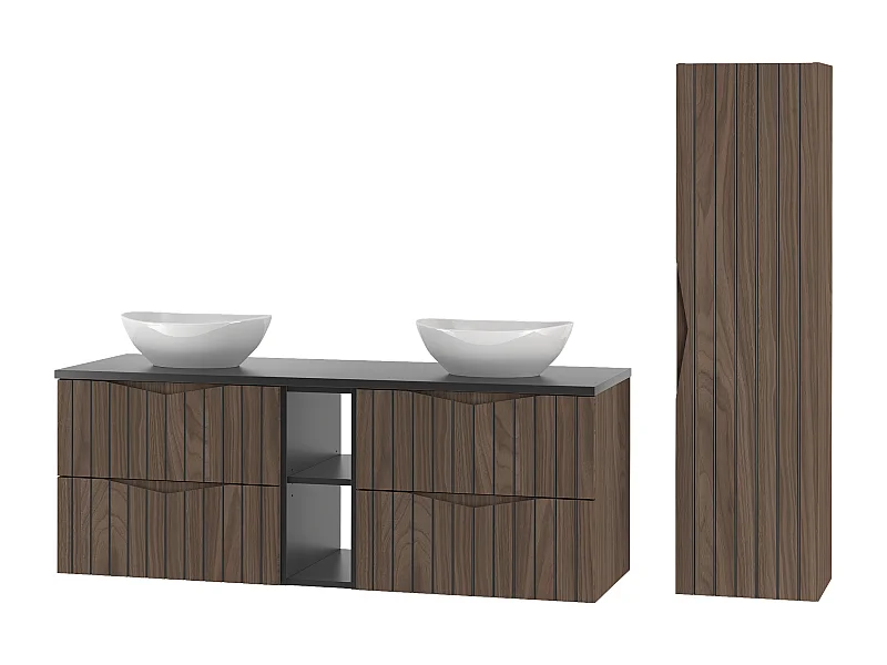 Ensemble de salle de bain 140 cm Armoire avec plateau Étagère Lavabo Colonne Façades rainurées Chêne Noyer Stella