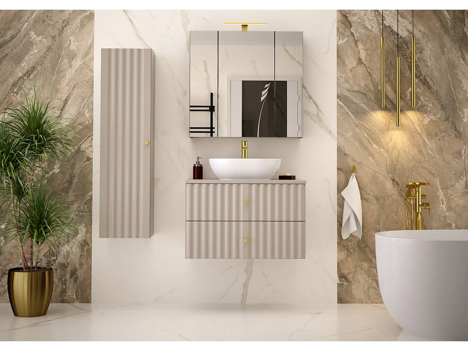 Ensemble de salle de bain en cachemire 80 cm Armoire avec plan de travail et lavabo Façades rainurées Aqua