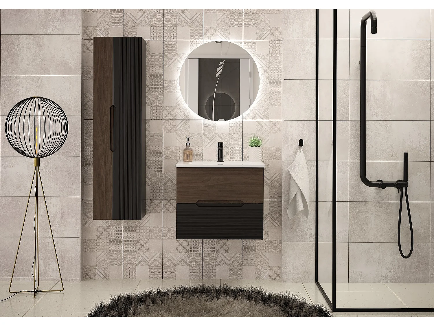 Ensemble de salle de bain 60 cm Meuble avec lavabo Noir mat / Noyer Avella