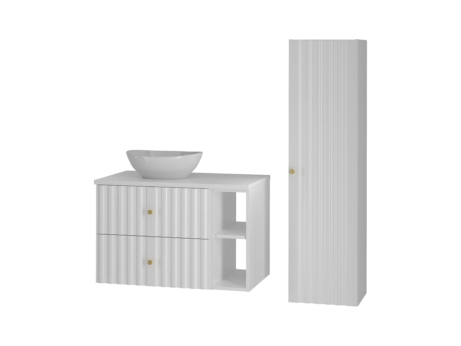 Ensemble de salle de bain blanc 80 cm Armoire avec plan de travail Lavabo Étagère Colonne Façades rainurées Aqua