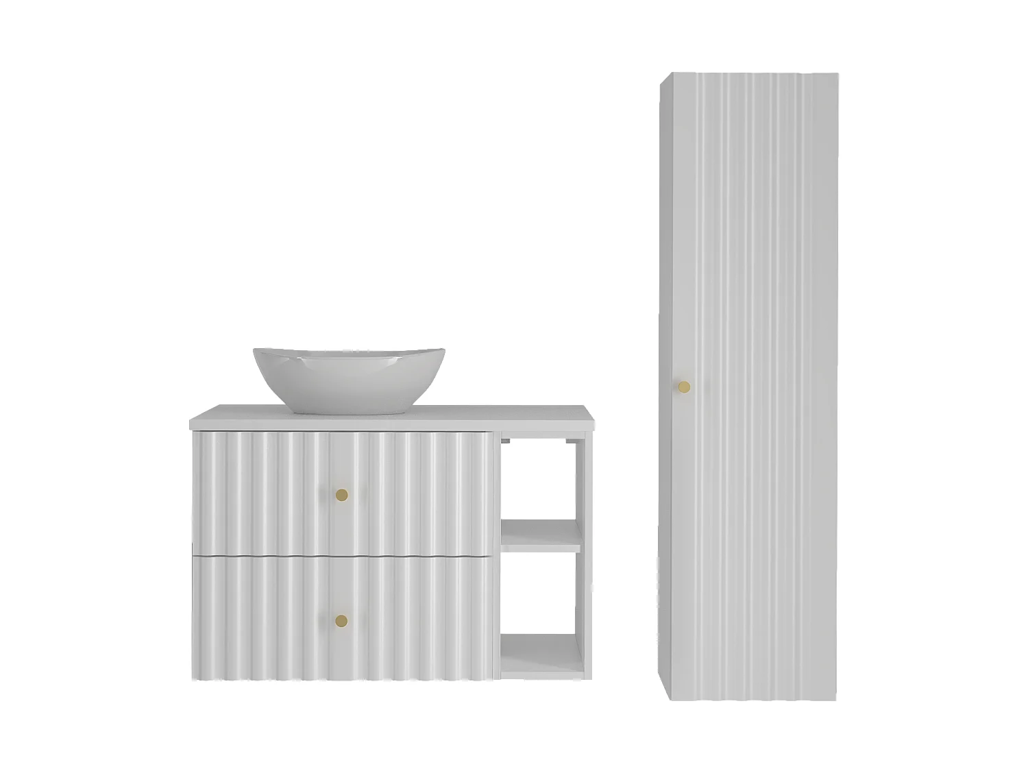 Ensemble de salle de bain blanc 80 cm Armoire avec plan de travail Lavabo Étagère Colonne Façades rainurées Aqua