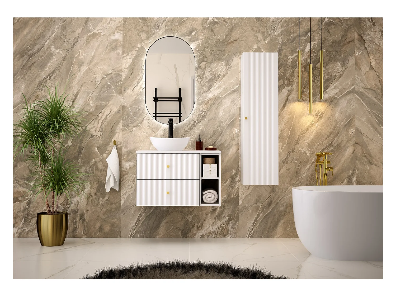 Ensemble de salle de bain blanc 80 cm Armoire avec plan de travail Lavabo Étagère Colonne Façades rainurées Aqua