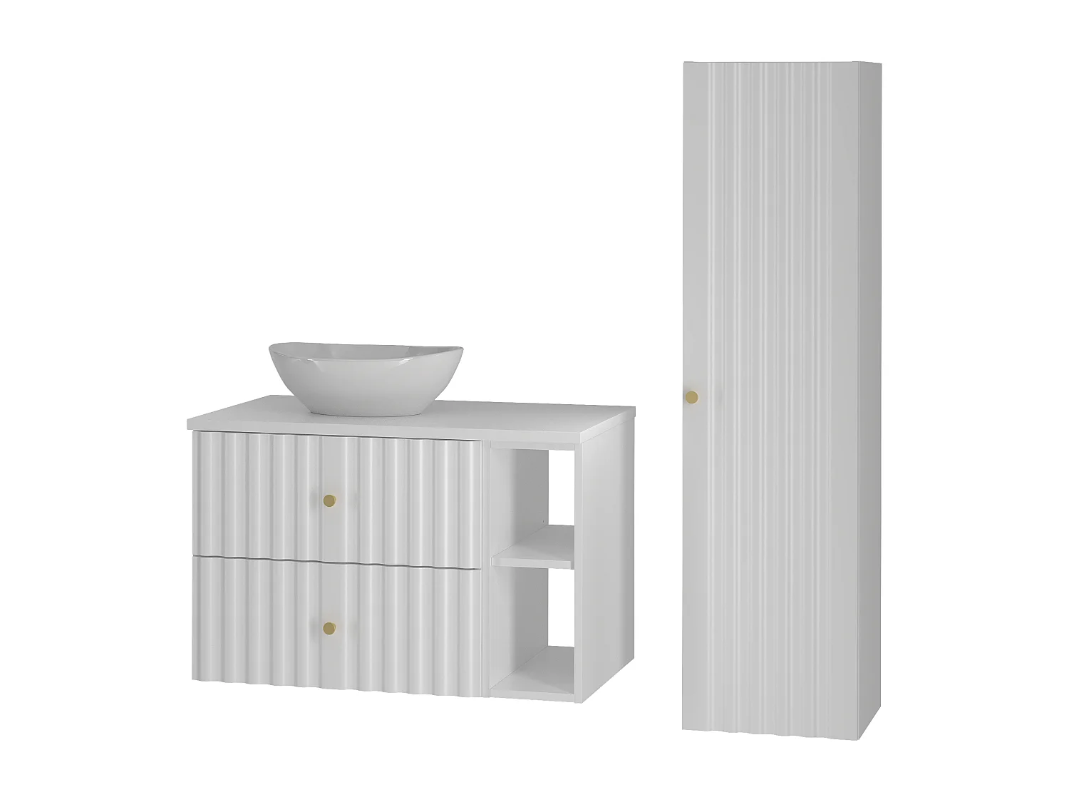 Ensemble de salle de bain blanc 80 cm Armoire avec plan de travail Lavabo Étagère Colonne Façades rainurées Aqua